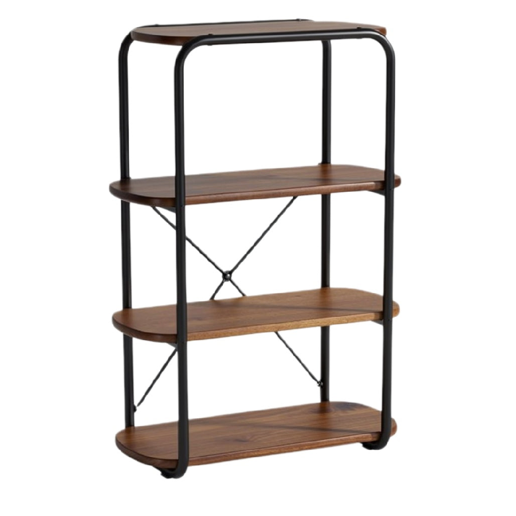 Moderne houten boekenplank met zwart metaalframe en vier planken