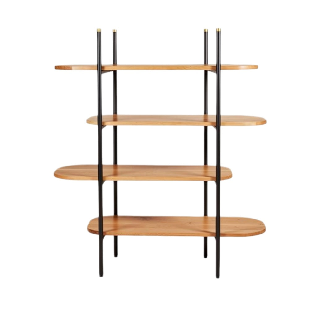 Moderne houten boekenplank met metalen frame en vijf planken