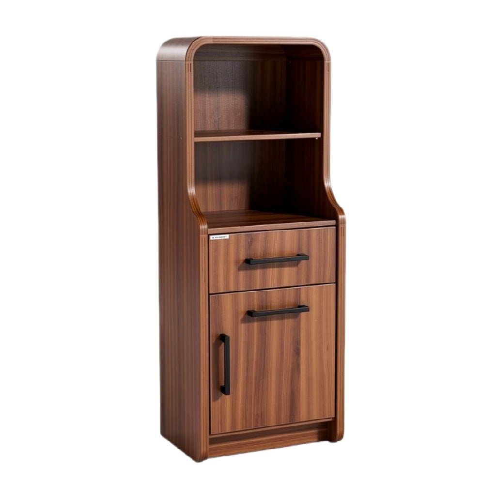 Moderne houten kast met open plank en lade