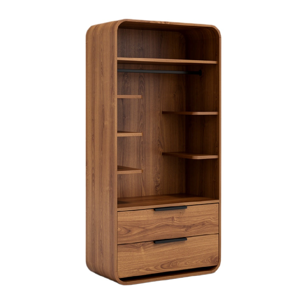 "Moderne Houten Kast met Open Planken en Laden"