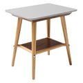Moderne houten tafel met glazen bovenblad en open opbergplank