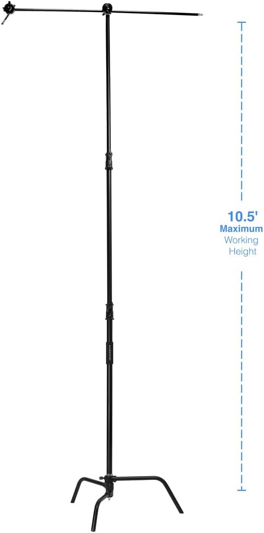 Flashpoint 10.5' C Light Stand on Turtle Base Kit with Two Tier Spring Loaded Riser Column, 40" Grip Arm, Two 3" Gobo Heads and Baby Pin, Black, this C Stand is Suitable for Cinema and Still Studios