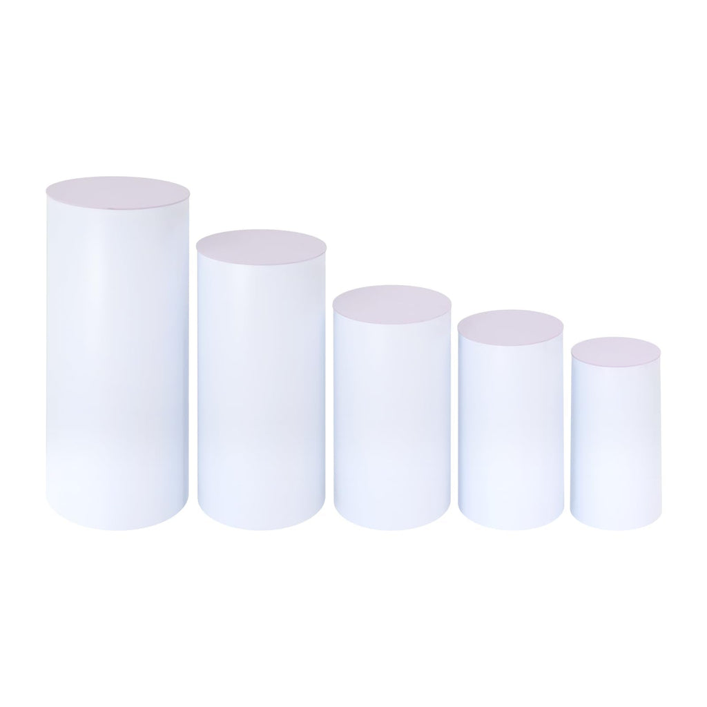 3Pcs Cylinder Pedestal Stand, PVC Acrylic Round Cylinder Stands for Party Decor 23.6 + 29.5 + 35.4 Inch Tall Cylinder Stand Pedestal Display for Birthday Wedding Party, White