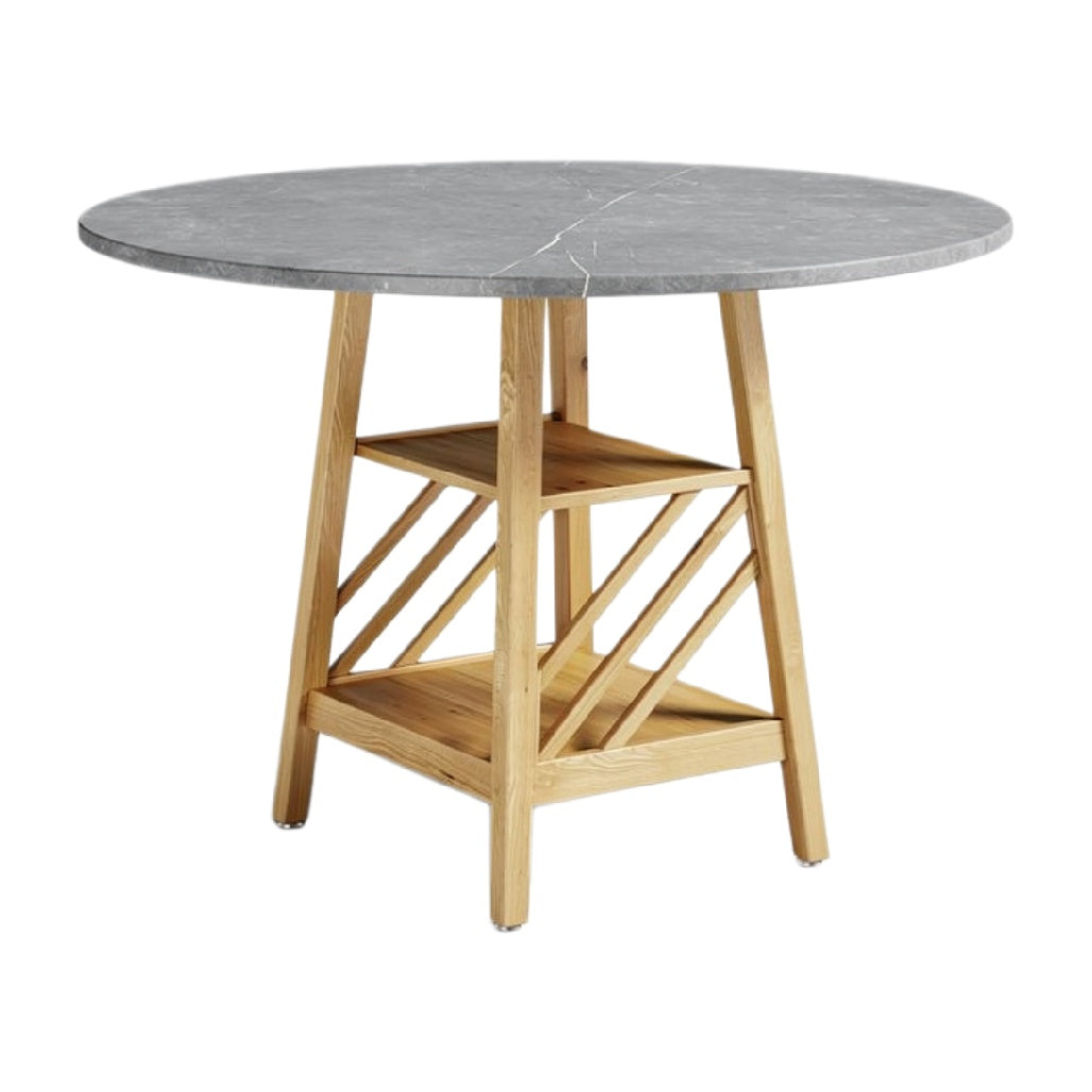 Ronde tafel met marmeren blad en houten onderstel met opslagplank