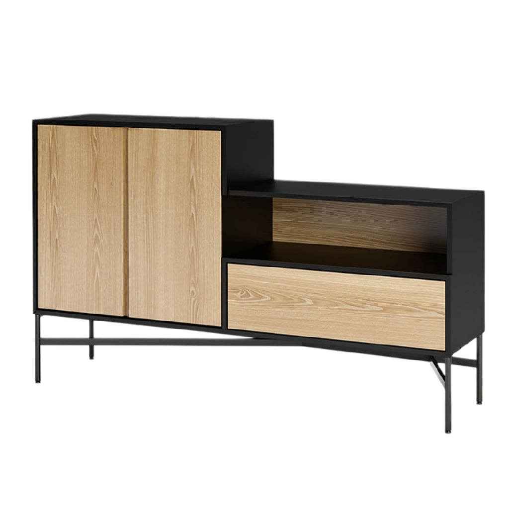 Moderne Zwarte en Houten Dressoir met Open Plank en Lades