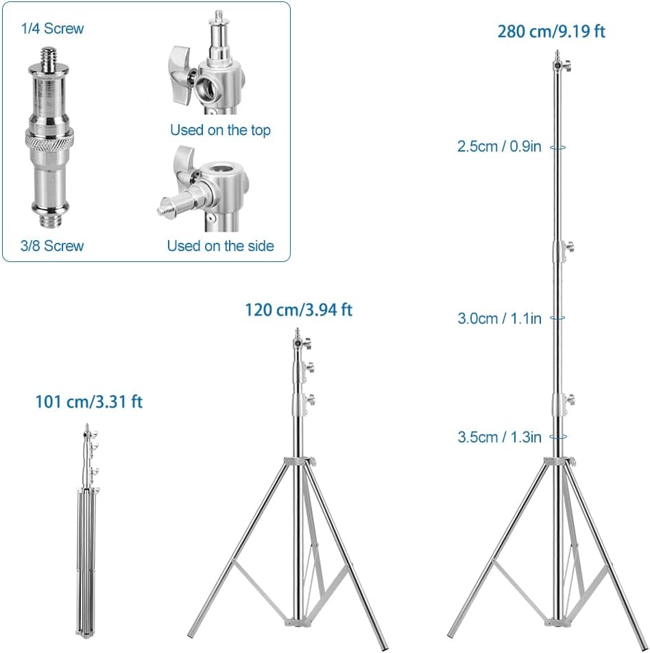 Heavy Duty Light Stand Tripod Stand for Photography, 9.19 Feet/2.8m Stainless Steel Light Tripods for Softbox, Speedlight, Strobe Light, Umbrella - Pack of 2