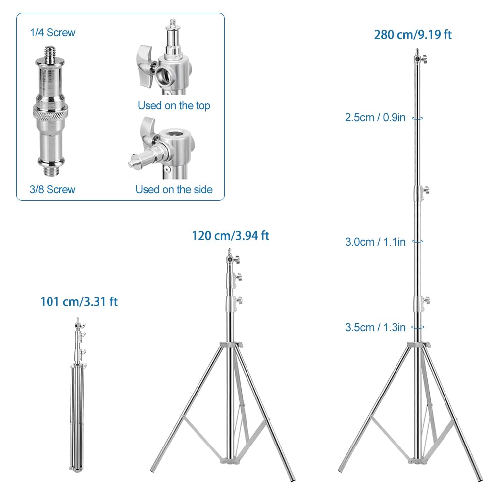Heavy Duty Light Stand Tripod Stand for Photography, 9.19 Feet/2.8m Stainless Steel Light Tripods for Softbox, Speedlight, Strobe Light, Umbrella - Pack of 2