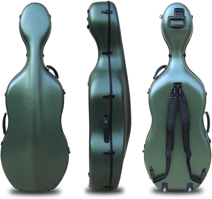 Vetimobato Carbon Fiber Cello Case 4/4 Full Size Strong & Ultralight Hard Shell Travel Case with Built-in Handle Wheels Backpack Straps Bow Holders Cello Box for Professional Cellists (Dark Green)