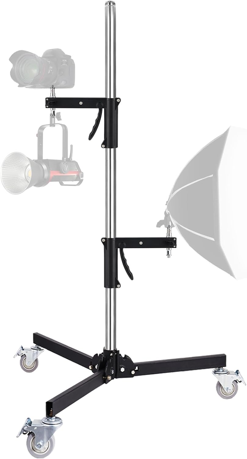 Heavy Duty Light Stand with Casters, Wheeled Photography Pistol Grip Stand with 2 Grips, 8.5FT Adjustable Steel Light Stand with 1/4" 3/8â 5/8" Screw for Studio Camera, Monolight, Softbox, Umbrella