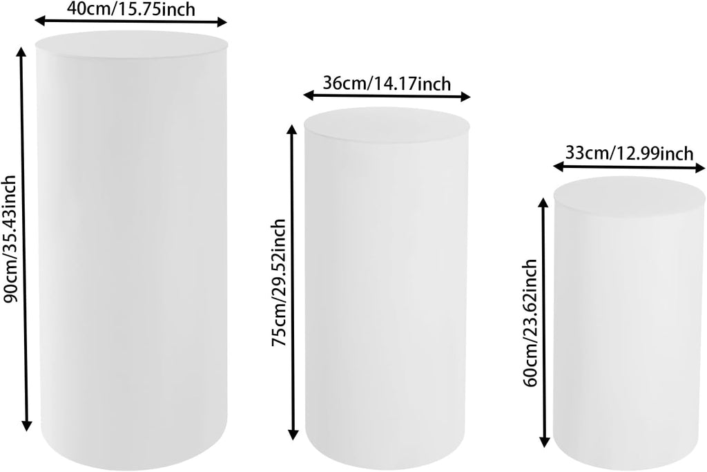 3Pcs Cylinder Pedestal Stand, PVC Acrylic Round Cylinder Stands for Party Decor 23.6 + 29.5 + 35.4 Inch Tall Cylinder Stand Pedestal Display for Birthday Wedding Party, White