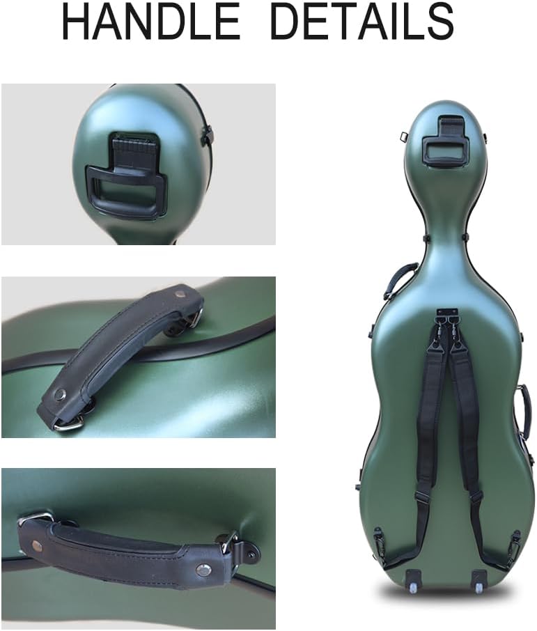 Vetimobato Carbon Fiber Cello Case 4/4 Full Size Strong & Ultralight Hard Shell Travel Case with Built-in Handle Wheels Backpack Straps Bow Holders Cello Box for Professional Cellists (Dark Green)