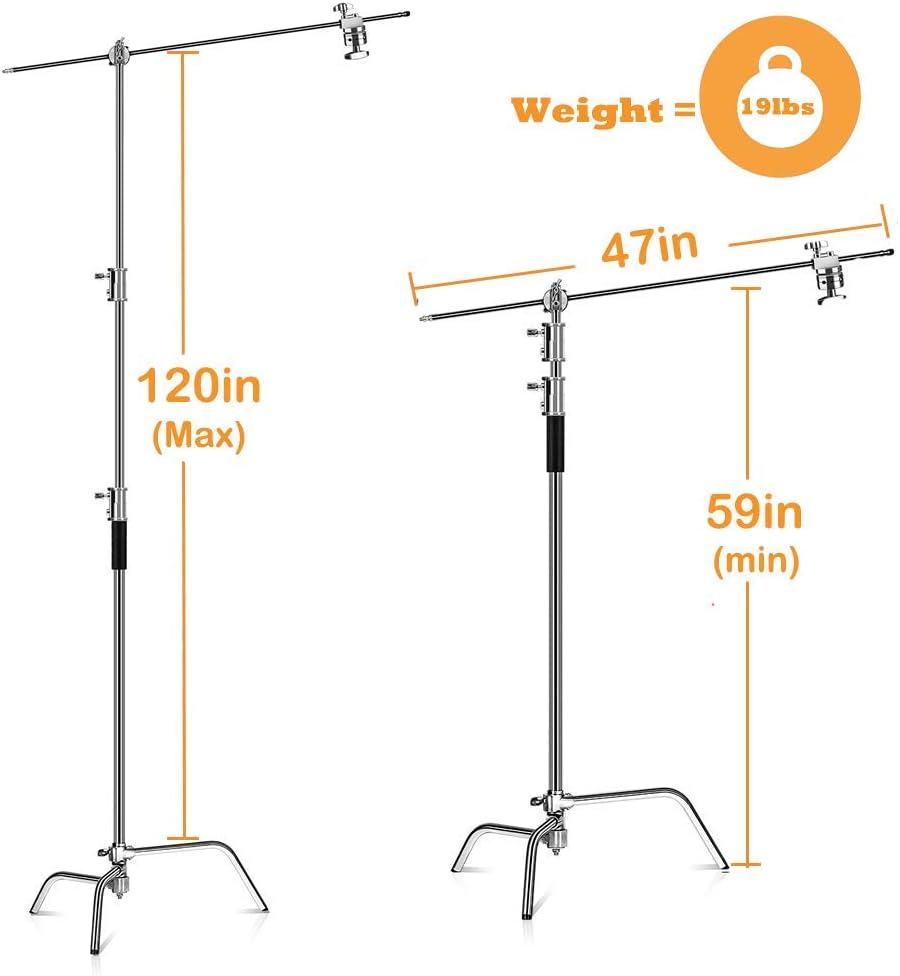 ShowMaven 2 Packs Heavy Duty C-Stand Light Stand with 4ft/120cm Holding Arm & Grip Heads for Studio Video Reflector, Monolight and Other Photographic Equipment