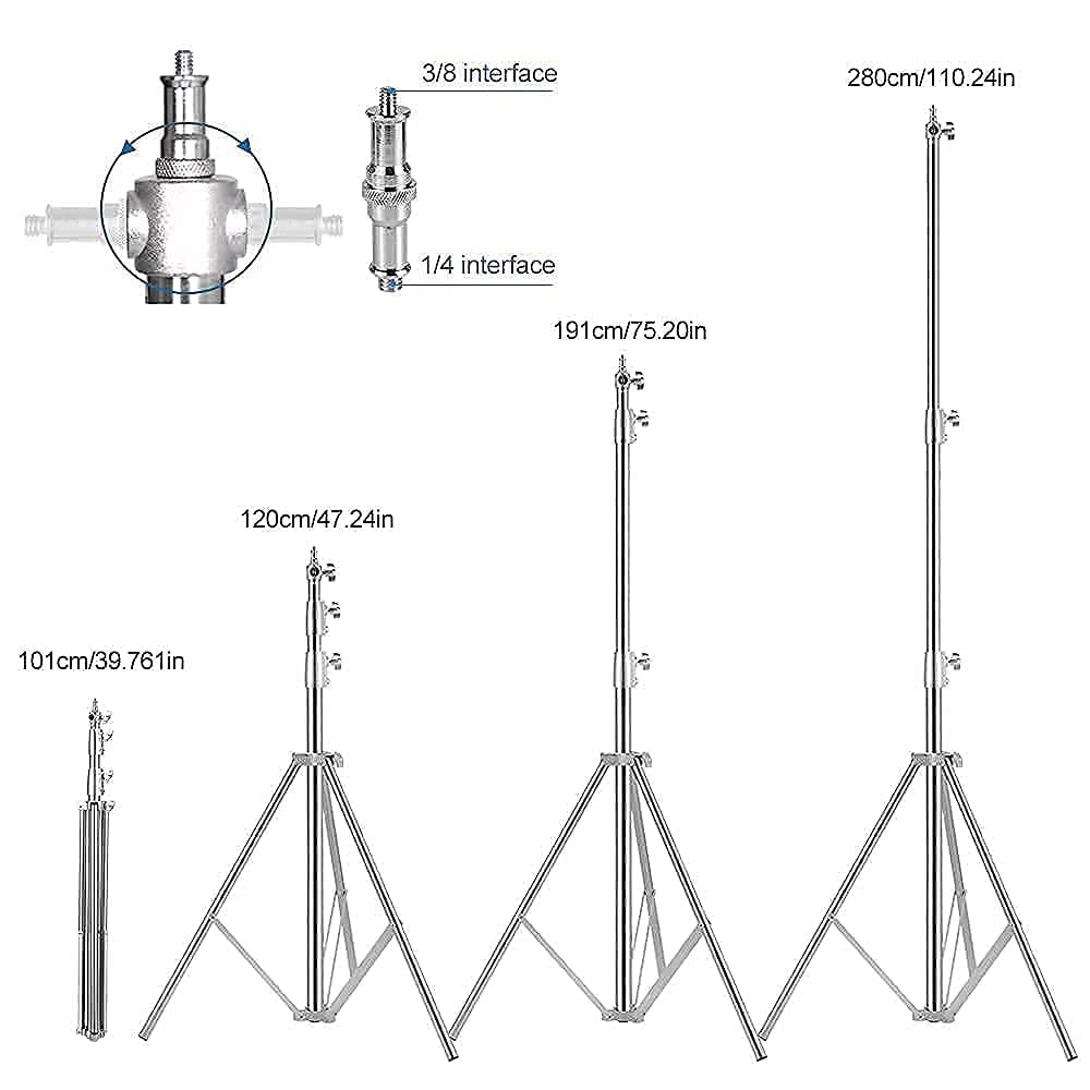 Stainless Steel Light Stand Photography, Spring Cushioned Heavy Duty Tripod Stand, 9.5ft/2.8m, 2 Packs Professional Photography Studio Stands