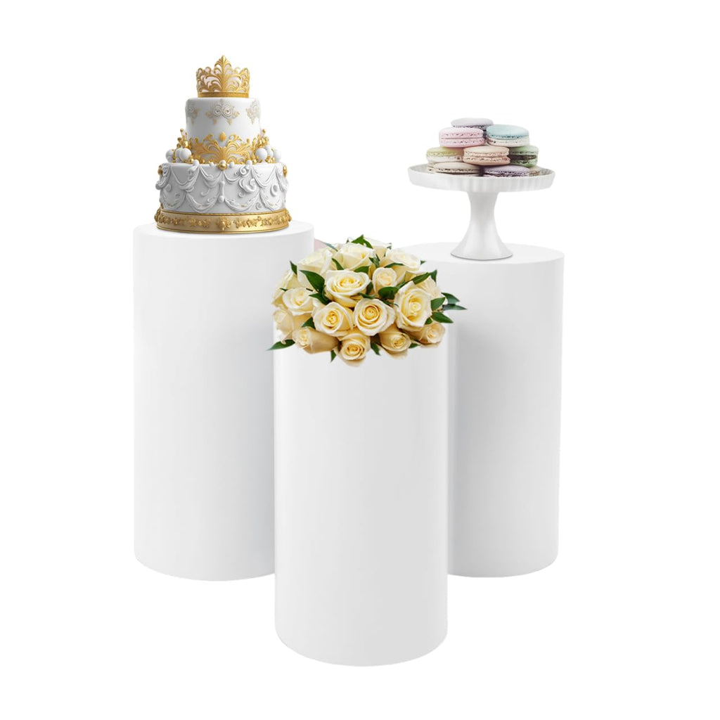 3Pcs Cylinder Pedestal Stand, PVC Acrylic Round Cylinder Stands for Party Decor 23.6 + 29.5 + 35.4 Inch Tall Cylinder Stand Pedestal Display for Birthday Wedding Party, White