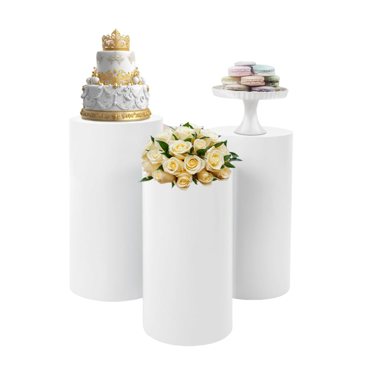 3Pcs Cylinder Pedestal Stand, PVC Acrylic Round Cylinder Stands for Party Decor 23.6 + 29.5 + 35.4 Inch Tall Cylinder Stand Pedestal Display for Birthday Wedding Party, White