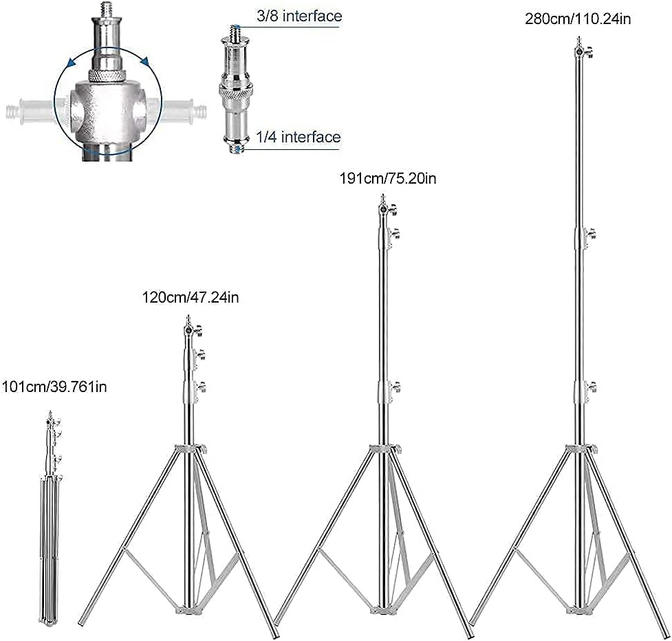 Stainless Steel Light Stand Photography, Spring Cushioned Heavy Duty Tripod Stand, 9.5ft/2.8m, 2 Packs Professional Photography Studio Stands