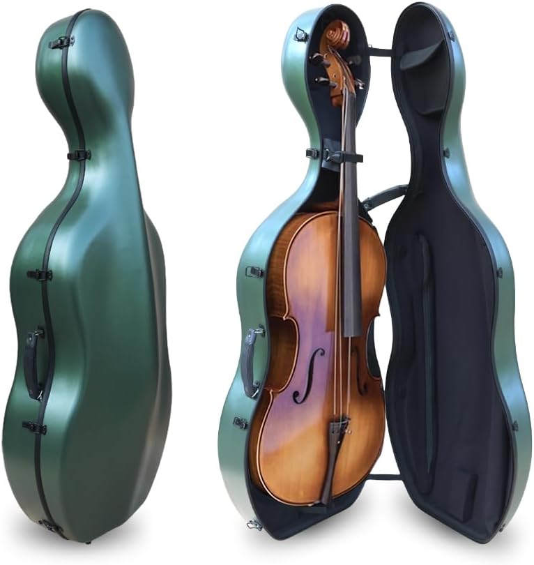 Vetimobato Carbon Fiber Cello Case 4/4 Full Size Strong & Ultralight Hard Shell Travel Case with Built-in Handle Wheels Backpack Straps Bow Holders Cello Box for Professional Cellists (Dark Green)