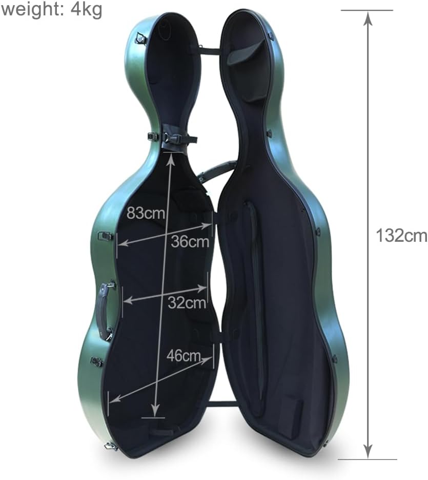 Vetimobato Carbon Fiber Cello Case 4/4 Full Size Strong & Ultralight Hard Shell Travel Case with Built-in Handle Wheels Backpack Straps Bow Holders Cello Box for Professional Cellists (Dark Green)