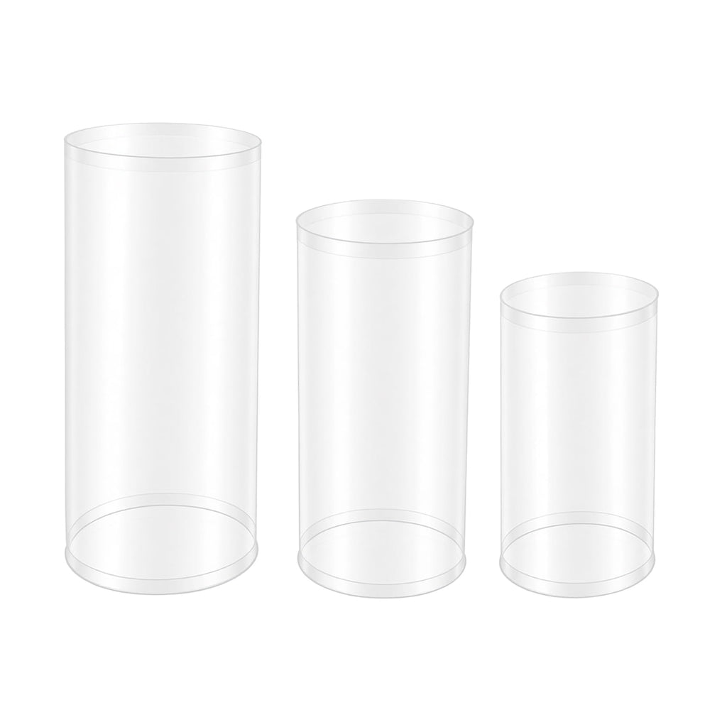 3Pcs Cylinder Pedestal Stand, PVC Acrylic Round Cylinder Stands for Party Decor 23.6 + 29.5 + 35.4 Inch Tall Cylinder Stand Pedestal Display for Birthday Wedding Party, White