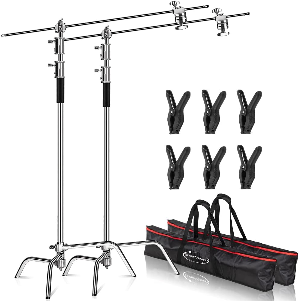 ShowMaven 2 Packs Heavy Duty C-Stand Light Stand with 4ft/120cm Holding Arm & Grip Heads for Studio Video Reflector, Monolight and Other Photographic Equipment