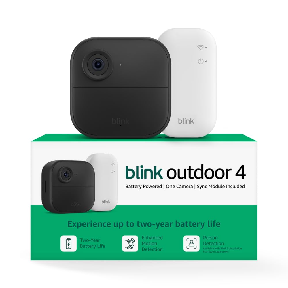 Blink Outdoor 4 â Wireless smart security camera, two-year battery life, 1080p HD day and infrared night live view, two-way talk. Sync Module Core included â 3 camera system