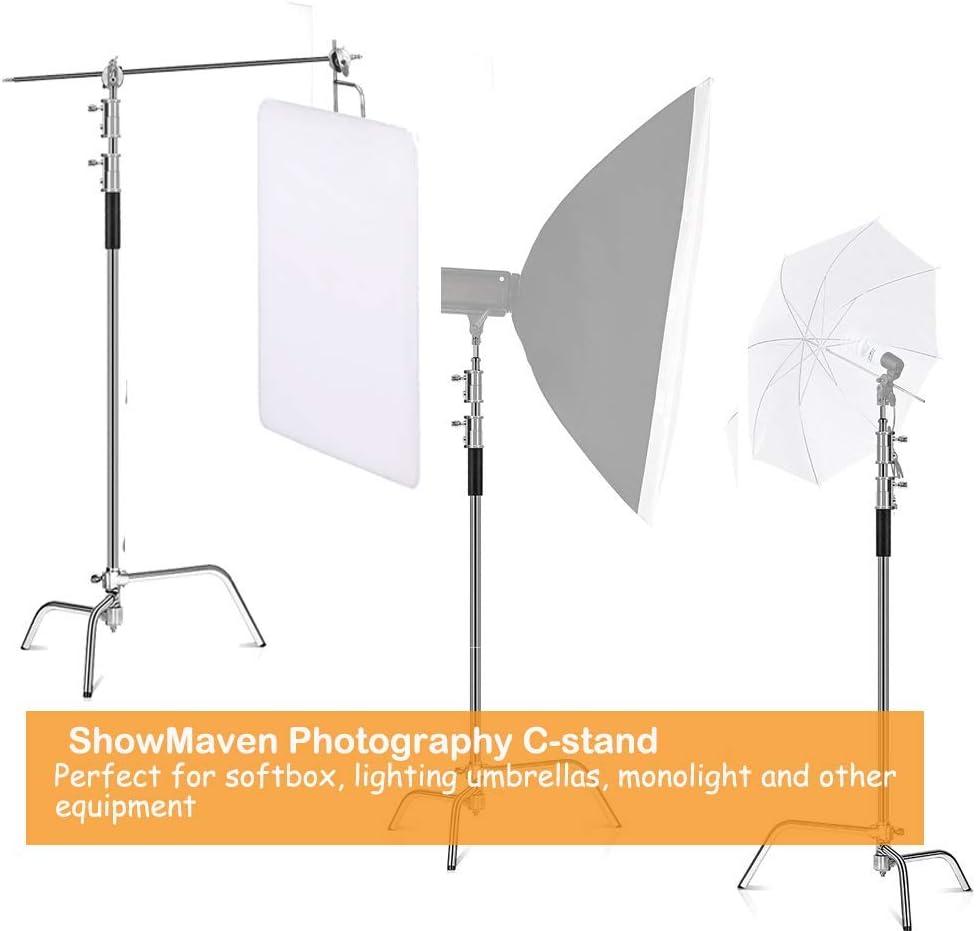 ShowMaven 2 Packs Heavy Duty C-Stand Light Stand with 4ft/120cm Holding Arm & Grip Heads for Studio Video Reflector, Monolight and Other Photographic Equipment