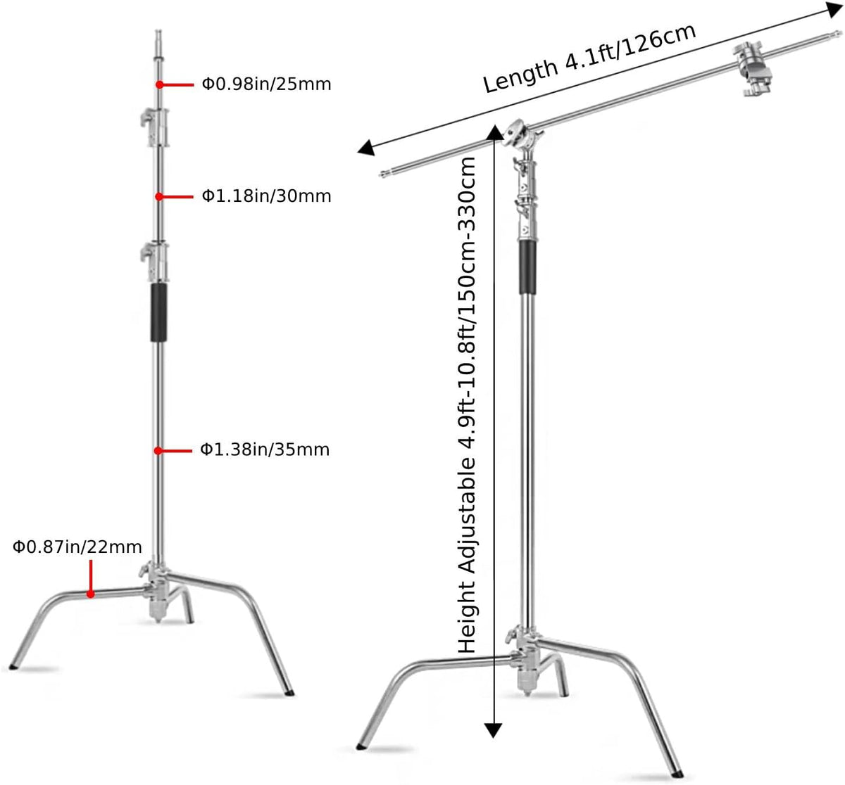 Heavy Duty C Stand with Boom Arm, Stainless Steel Heavy Duty Photography Light Stand, Adjustable Height 4.9ft-10.8ft, with 4.1ft Holding Arm, for Reflector, Umbrella, Softbox, Monolight