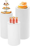3Pcs Cylinder Pedestal Stand, PVC Acrylic Round Cylinder Stands for Party Decor 23.6 + 29.5 + 35.4 Inch Tall Cylinder Stand Pedestal Display for Birthday Wedding Party, White