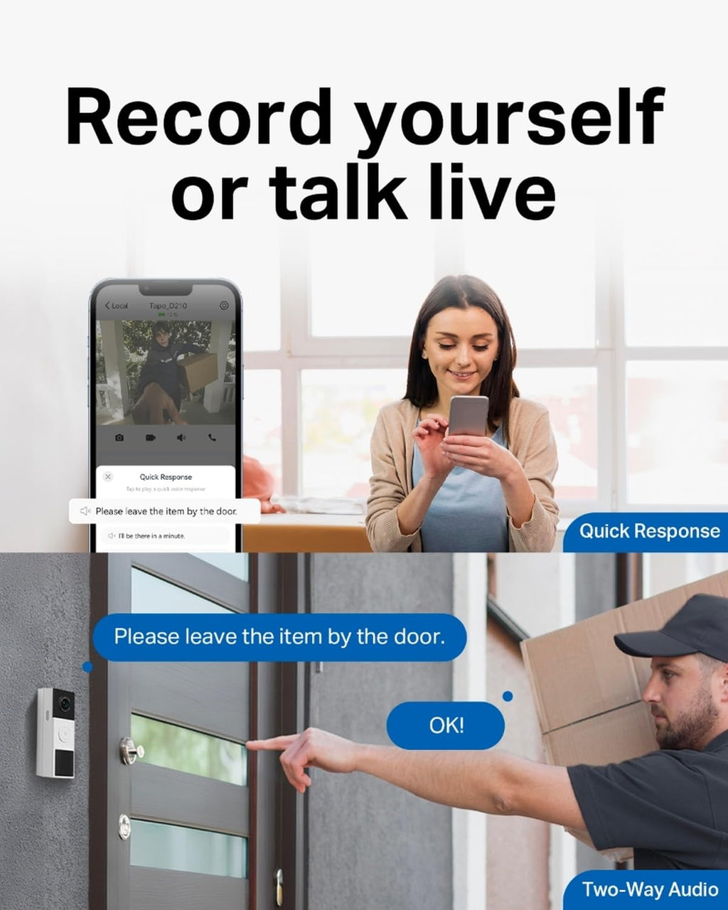 Tapo 2K+ Wired or Battery Powered Smart Video Doorbell with Chime, D225