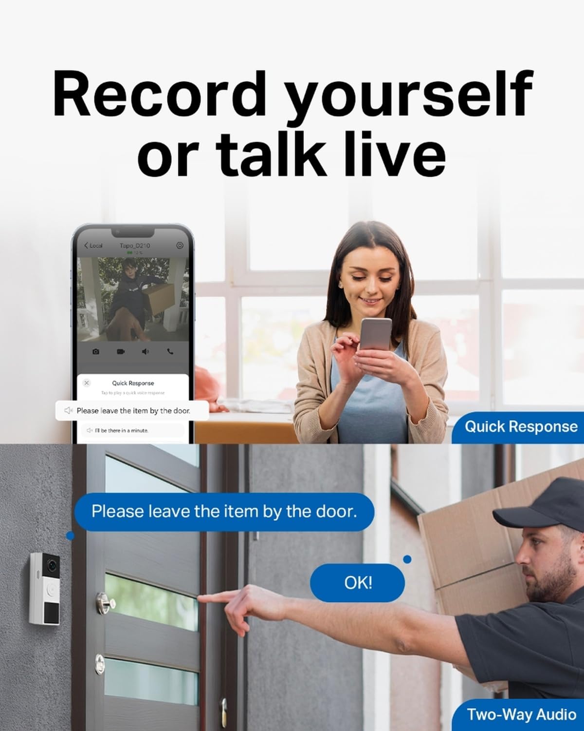 Tapo 2K+ Wired or Battery Powered Smart Video Doorbell with Chime, D225