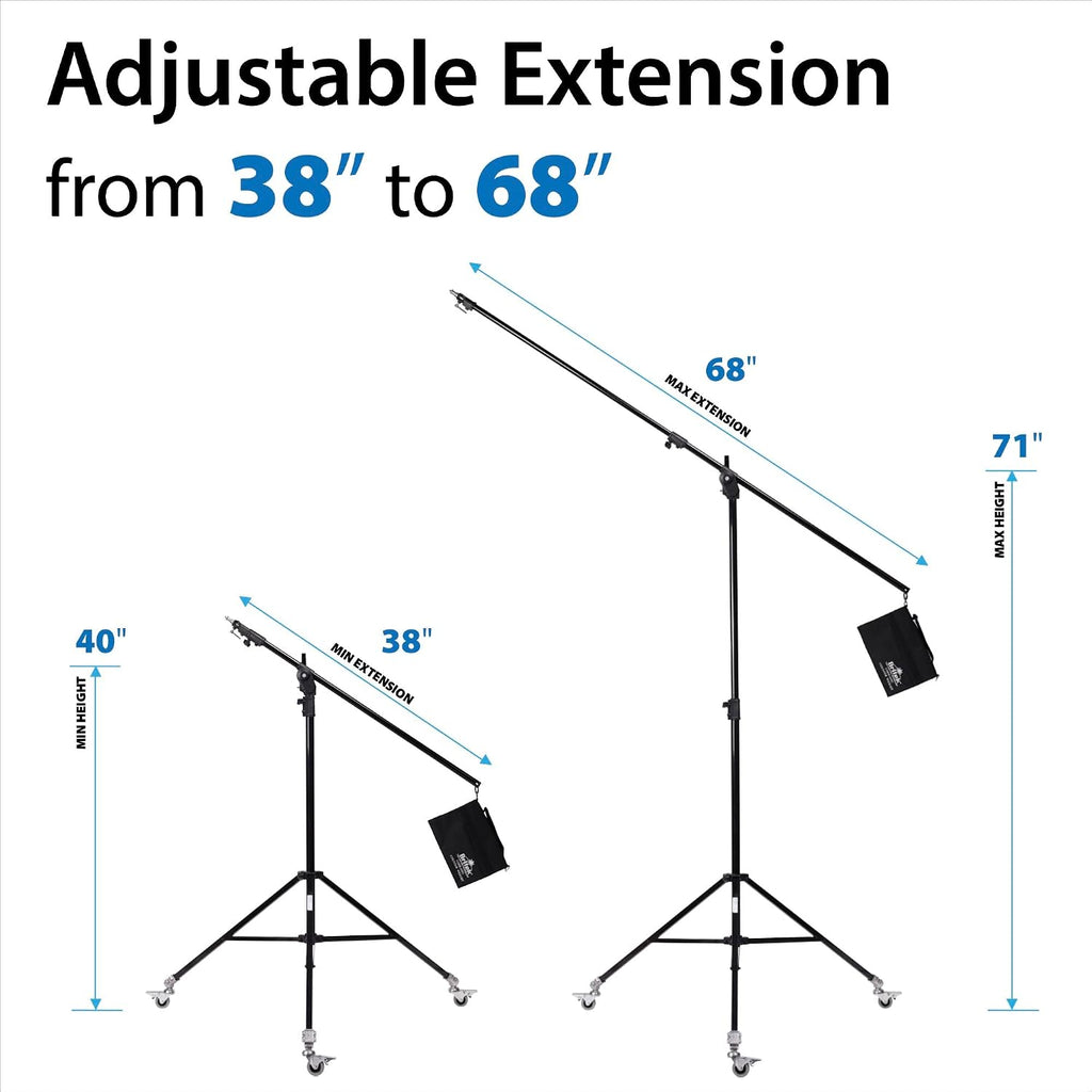 BRITEK [Set of 2] 11.3ft/3.44m Heavy Duty Boom Light Stand w/Steel Caster Rubber Wheels â 11.3â (Black), â Boom to Stand Pivot Riser w/Counterweight Bag for Studio Outdoor Photography Portrait Video