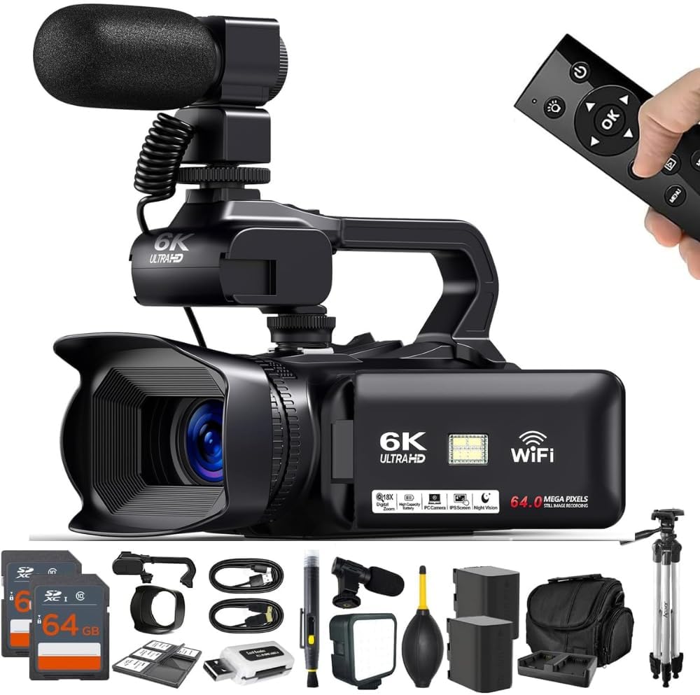 Acuvar 4K/6K Video Camera Camcorder â 64MP Vlogging Camera for YouTube, 60FPS, 18X Zoom â with Mic, LED Light, Tripod & 2Ã64GB Cards â WiFi, Webcam Bundle