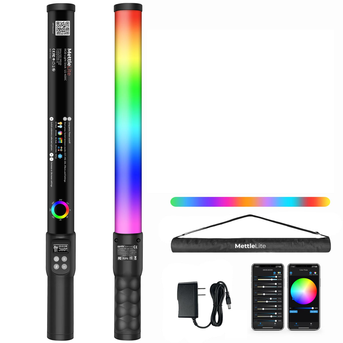 Mettlelite LS800C RGB LED Light Stick Full Color Continuous Output Video Light 3.2 ft with APP Control 2800K-8000K CRI96 TLCI 97 RGB CCT HSI Light Effects Built in Rechargeable Battery