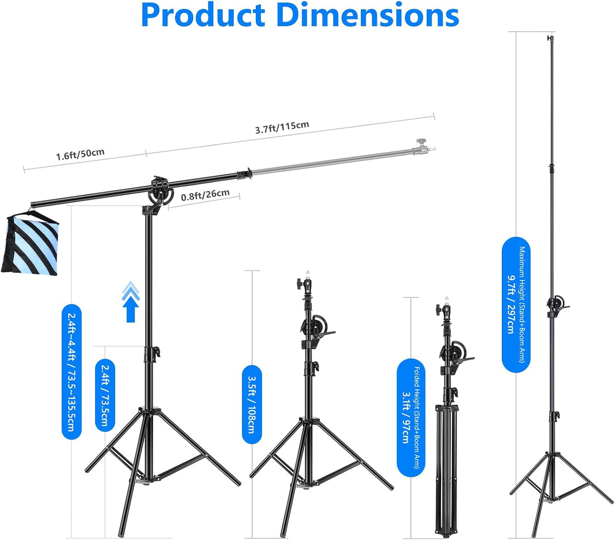 Neewer 2-in-1 Photography Light Stand, Aluminum Alloy 9.7ft Heavy Duty Tripod Stand with 3.8ft Boom Arm and Empty Sandbag for Video Light, Strobe, Reflector, Softbox for Studio Photo Video Shooting