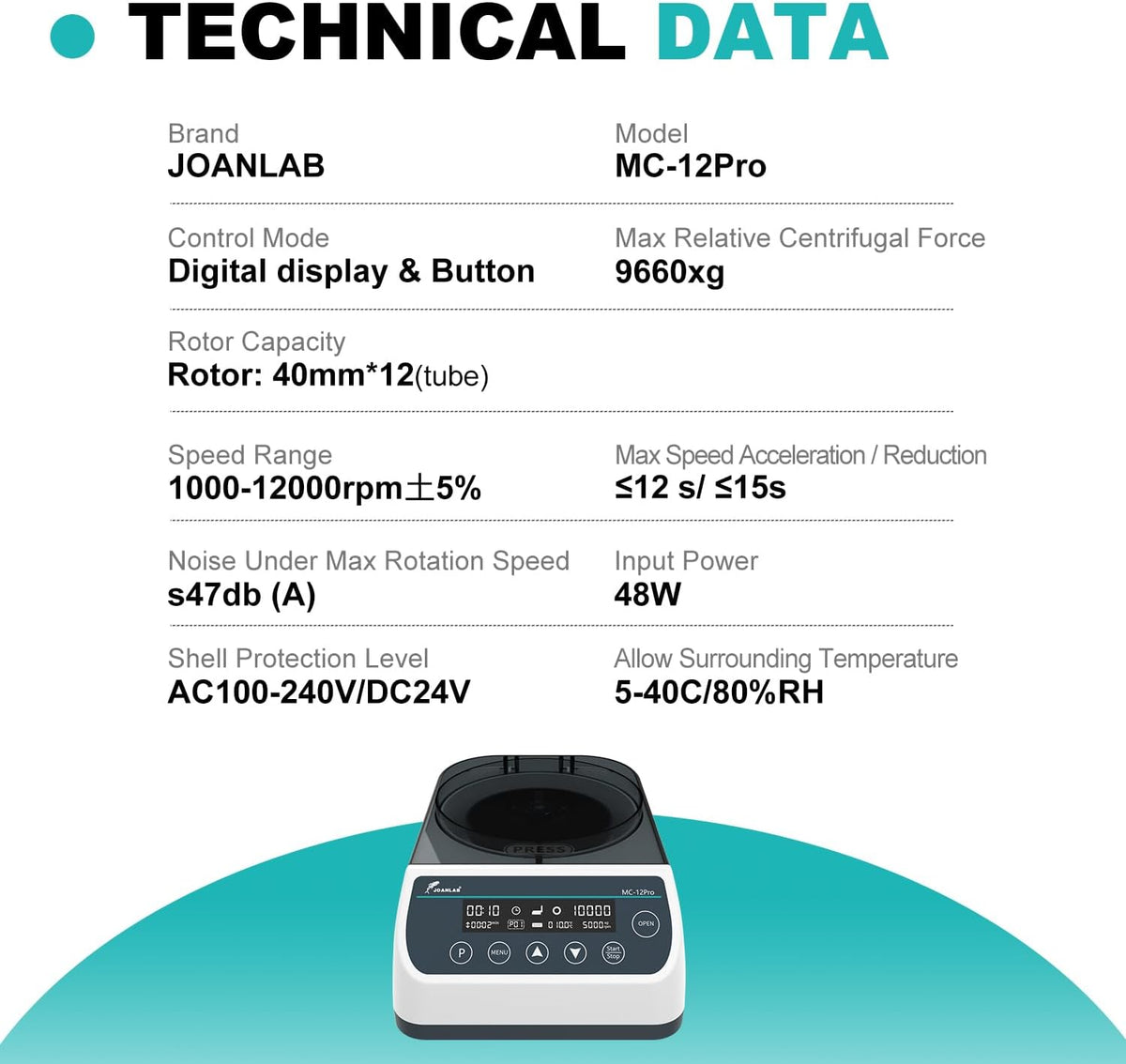 JOANLAB MC-10PRO Micro centrifuge, 10000RPM 6708xg Timer