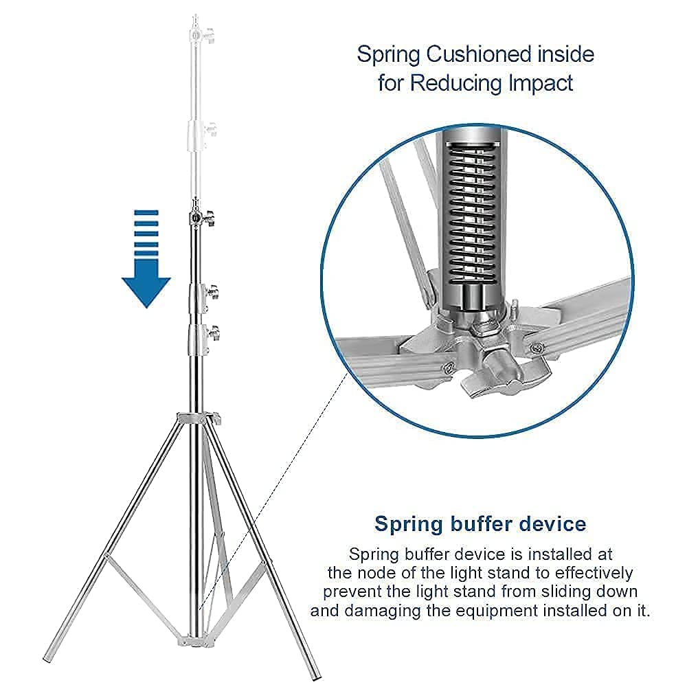 Stainless Steel Light Stand Photography, Spring Cushioned Heavy Duty Tripod Stand, 9.5ft/2.8m, 2 Packs Professional Photography Studio Stands