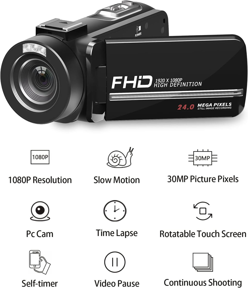 VETEK Video Camera, 1080P 30MP Camcorder IR Night Vision Vlogging Camera