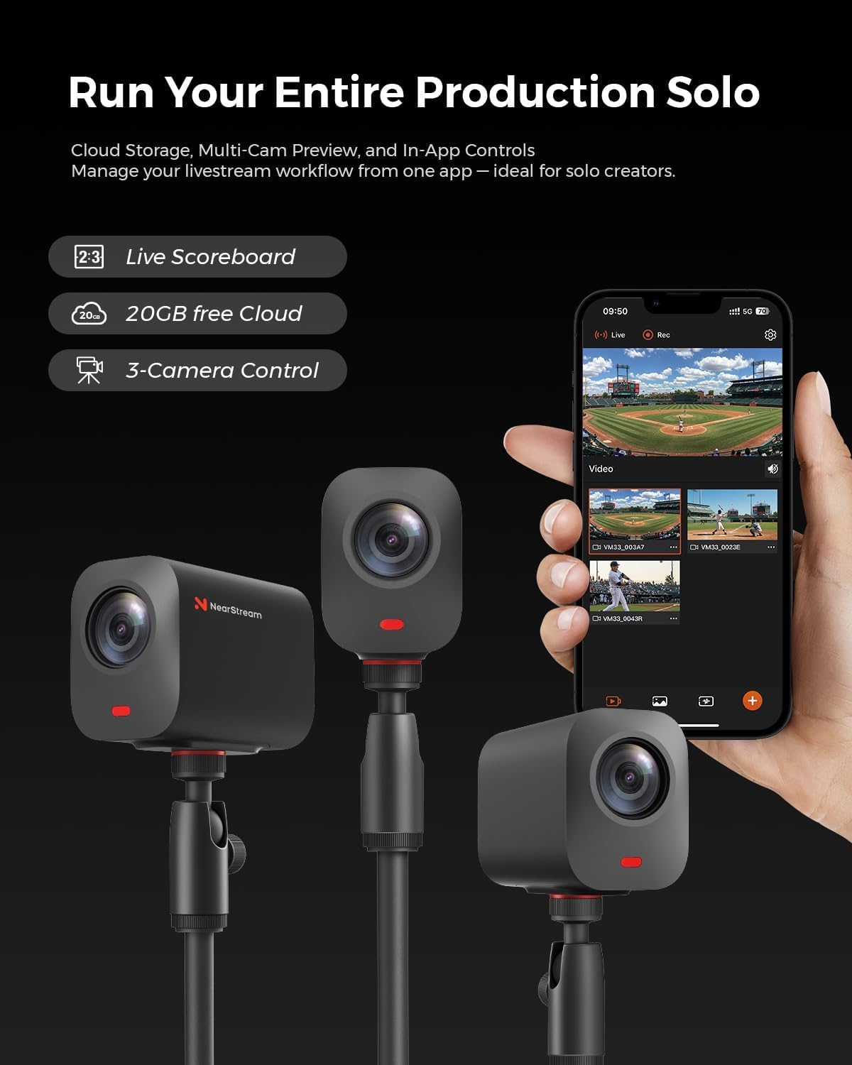 NearStream VM33 3-Pack Wireless Live Streaming Cameras, 10X Optical Zoom