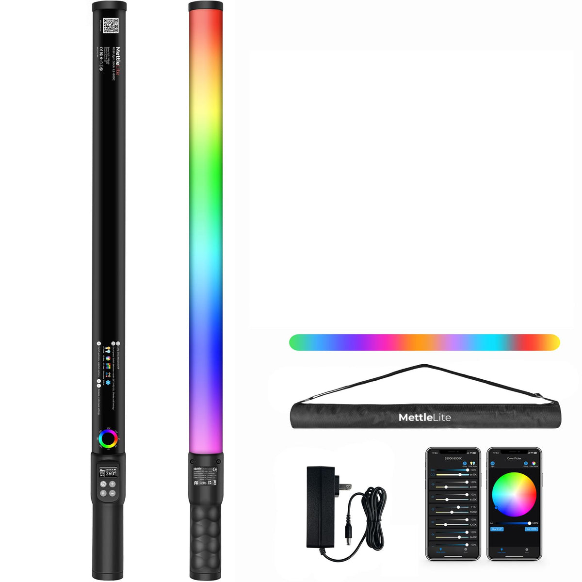 Mettlelite LS800C RGB LED Light Stick Full Color Continuous Output Video Light 3.2 ft with APP Control 2800K-8000K CRI96 TLCI 97 RGB CCT HSI Light Effects Built in Rechargeable Battery