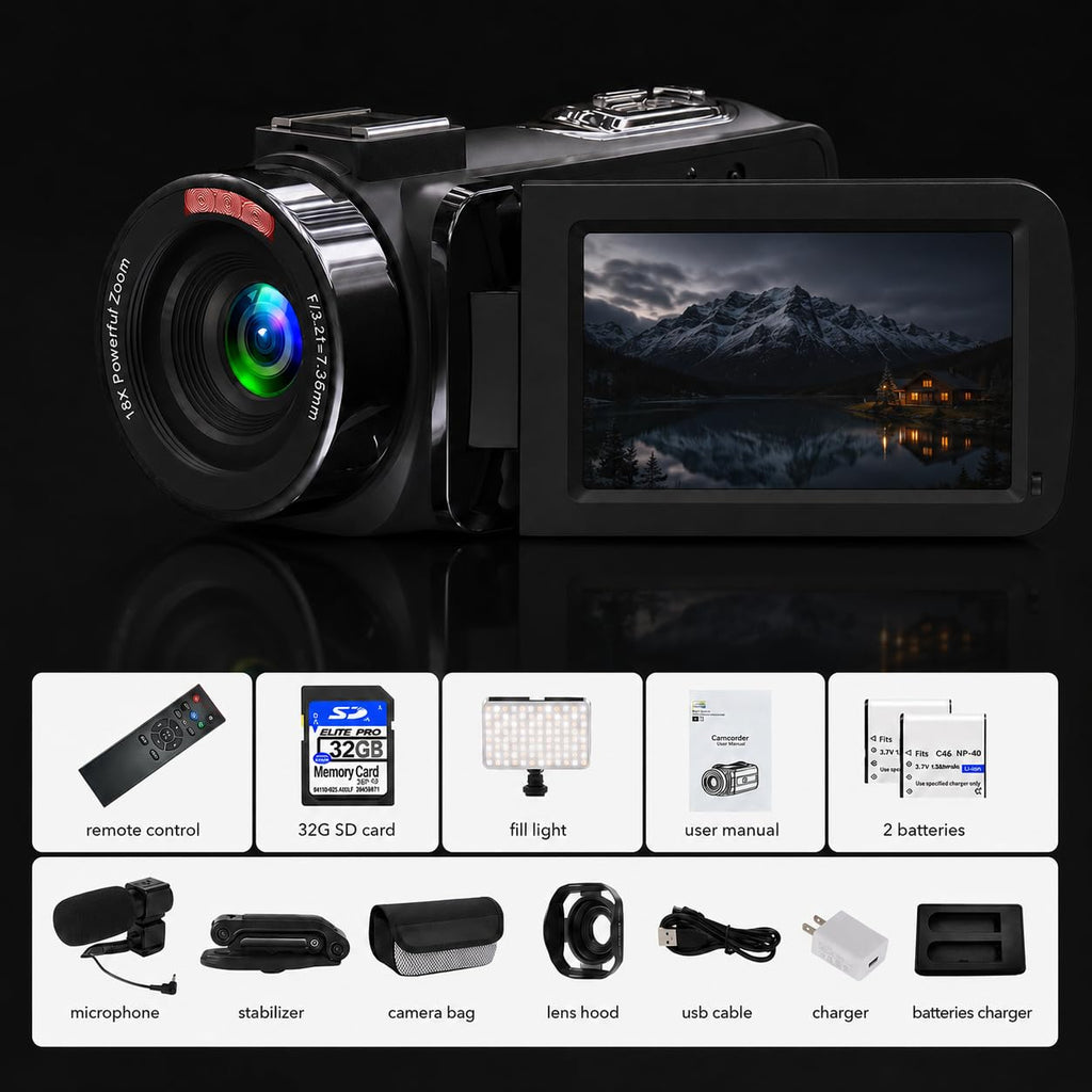 VETEK Video Camera, 1080P 30MP Camcorder IR Night Vision Vlogging Camera