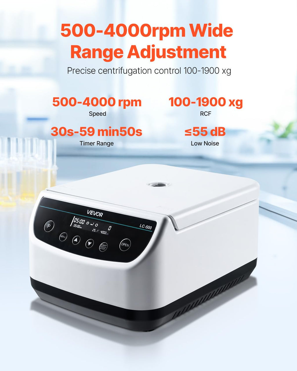 VEVOR Centrifuge Machine, 100-2100xg RCF Electric Laboratory Centrifuge Machine with 1 Rotor for 2/5/10/15/50ml Tube Capacity, Low Speed 500-4000rpm with Timer, Widely Used in Various Experiments