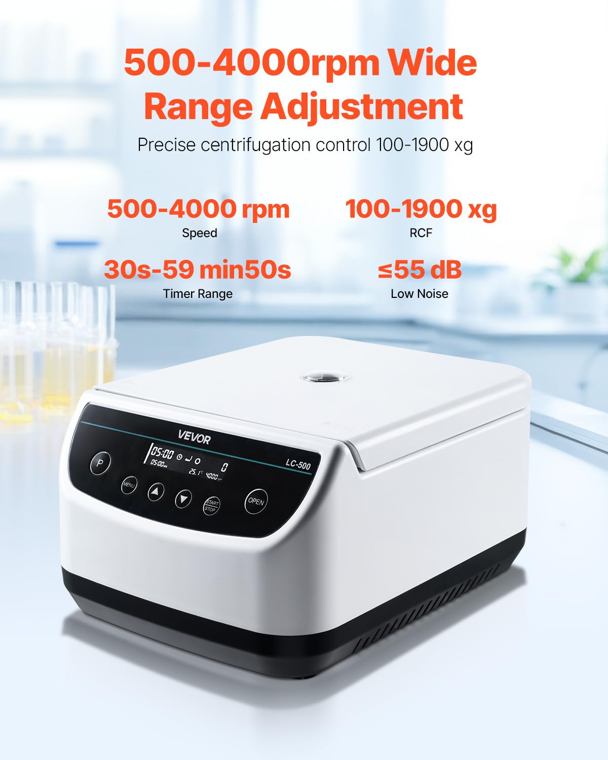 VEVOR Centrifuge Machine, 100-2100xg RCF Electric Laboratory Centrifuge Machine with 1 Rotor for 2/5/10/15/50ml Tube Capacity, Low Speed 500-4000rpm with Timer, Widely Used in Various Experiments