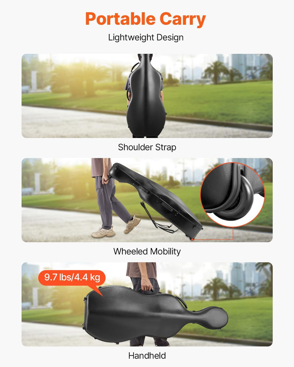 VEVOR 4/4 Full Size Cello Case, Lightweight Portable Travel Carrying Bag, with Dual Shoulder Straps, Anti-Scratch, Professional Cello-Shape, for Cello, Black