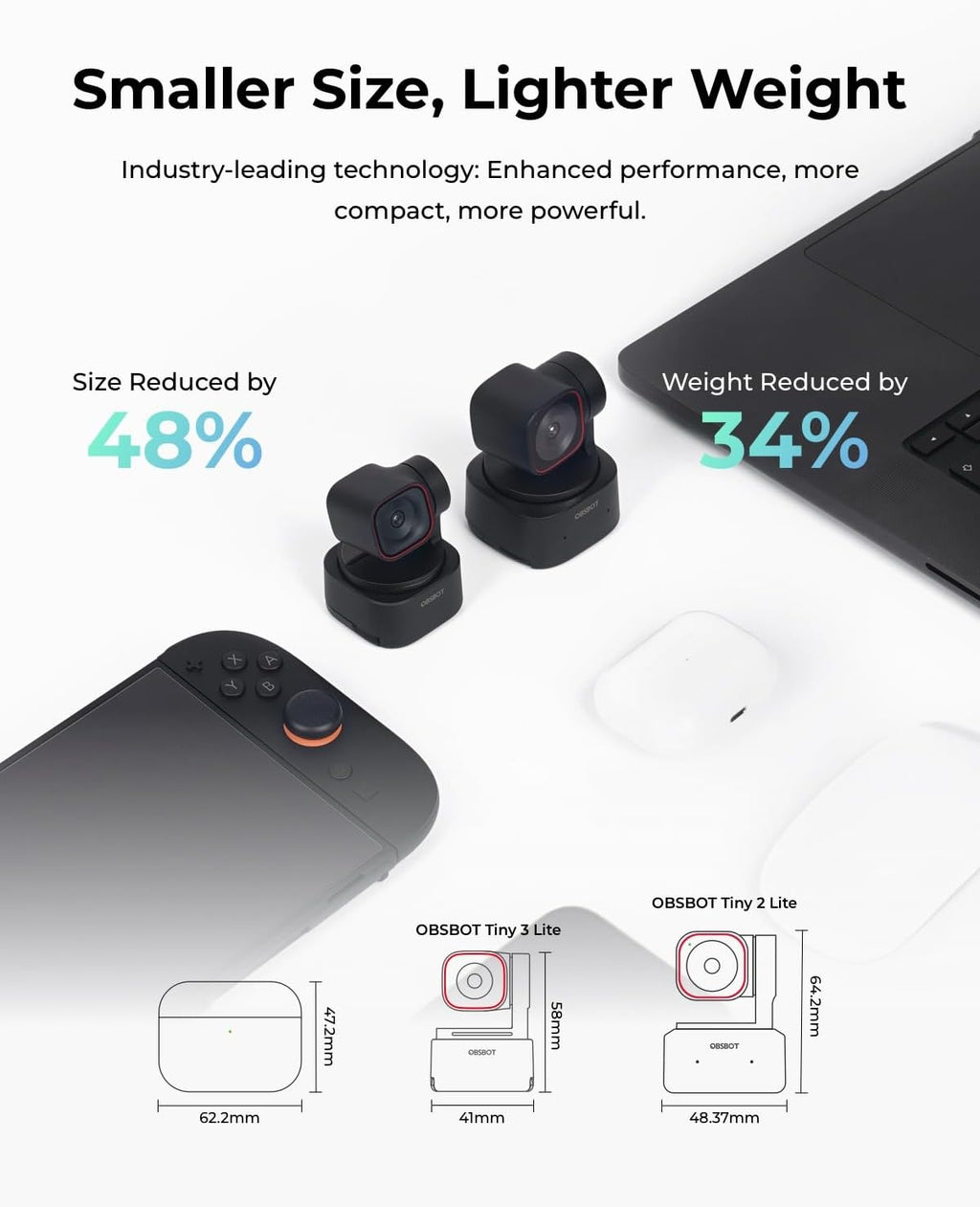 OBSBOT Tiny 3 Lite AI-Powered Spatial Audio 4K Webcam - Compact AI Tracking
