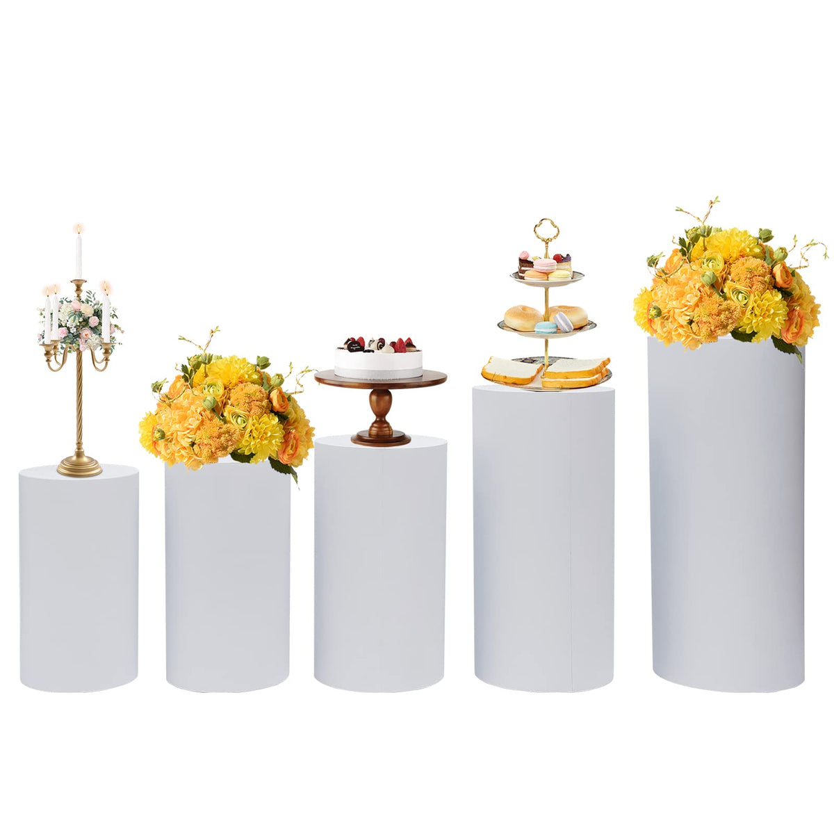 3Pcs Cylinder Pedestal Stand, PVC Acrylic Round Cylinder Stands for Party Decor 23.6 + 29.5 + 35.4 Inch Tall Cylinder Stand Pedestal Display for Birthday Wedding Party, White