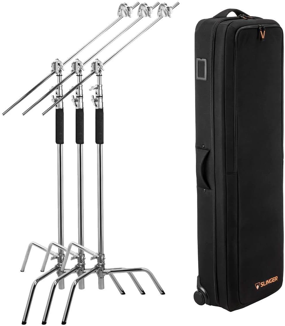 Flashpoint C-Stand Traveler Kit, Includes 3 10' C (Century) Light Stands Turtle Base Kits and Slinger L6 BigBag C-Stand Rolling Kit