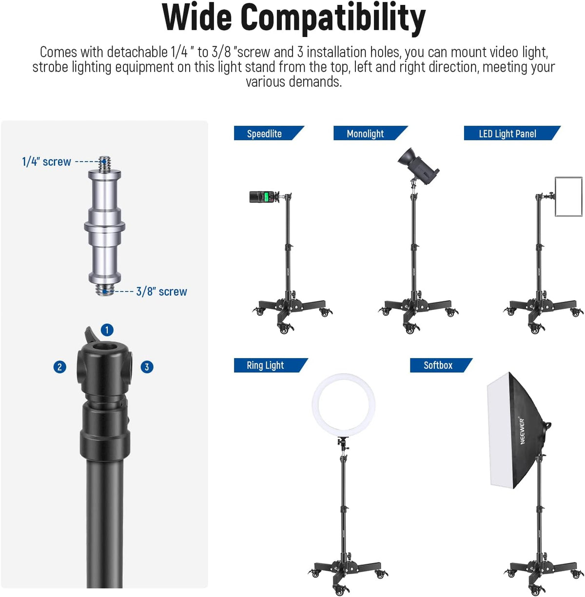 NEEWER Pack of 2 Heavy Duty Light Stands with Wheels, 2.4 Feet Max. Height, Foldable Tripod for Low Angle Shooting, Lighting Stand for Softbox, Monolight and Other Photography Equipment, ST72