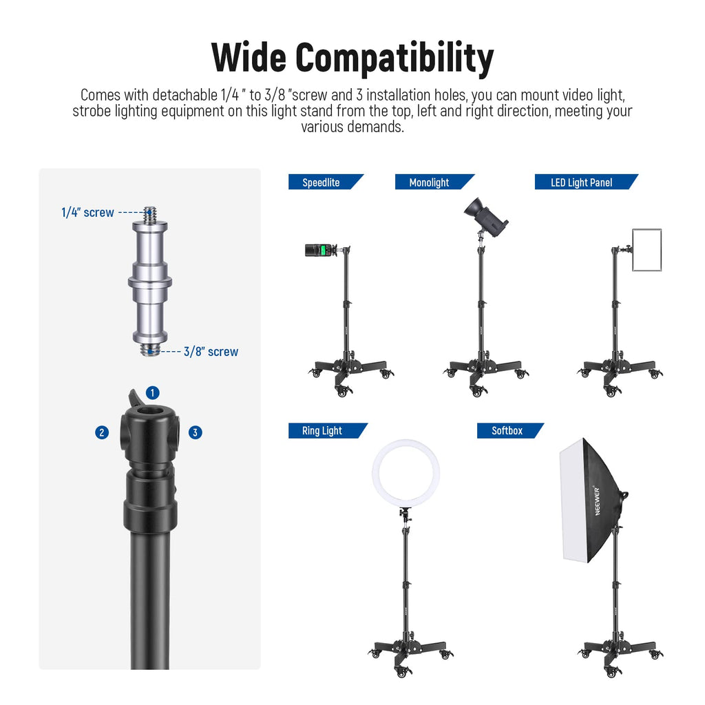 NEEWER Pack of 2 Heavy Duty Light Stands with Wheels, 2.4 Feet Max. Height, Foldable Tripod for Low Angle Shooting, Lighting Stand for Softbox, Monolight and Other Photography Equipment, ST72