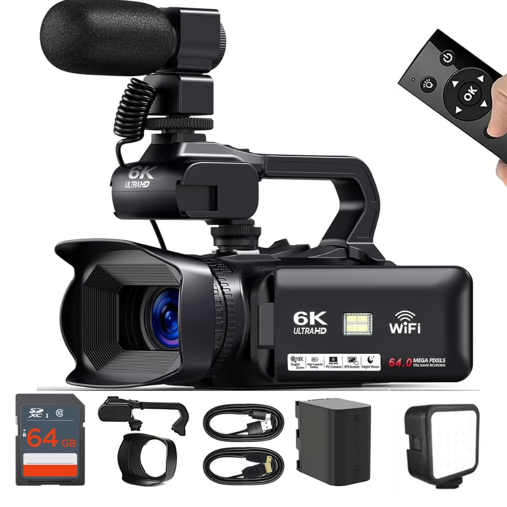 Acuvar 4K/6K Video Camera Camcorder â 64MP Vlogging Camera for YouTube, 60FPS, 18X Zoom â with Mic, LED Light, Tripod & 2Ã64GB Cards â WiFi, Webcam Bundle