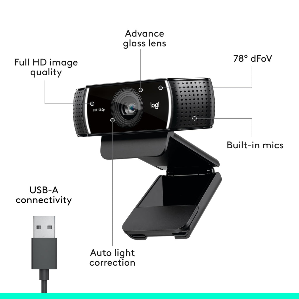 Logitech C922x HD Pro PC Webcam, Full HD 1080p/30fps or 720p/60fps Video, HD Light Correction, Works with Microsoft Teams, Google Meet, Zoom, Nintendo Switch 2âs new GameChat mode, Mac/Tablet- Black